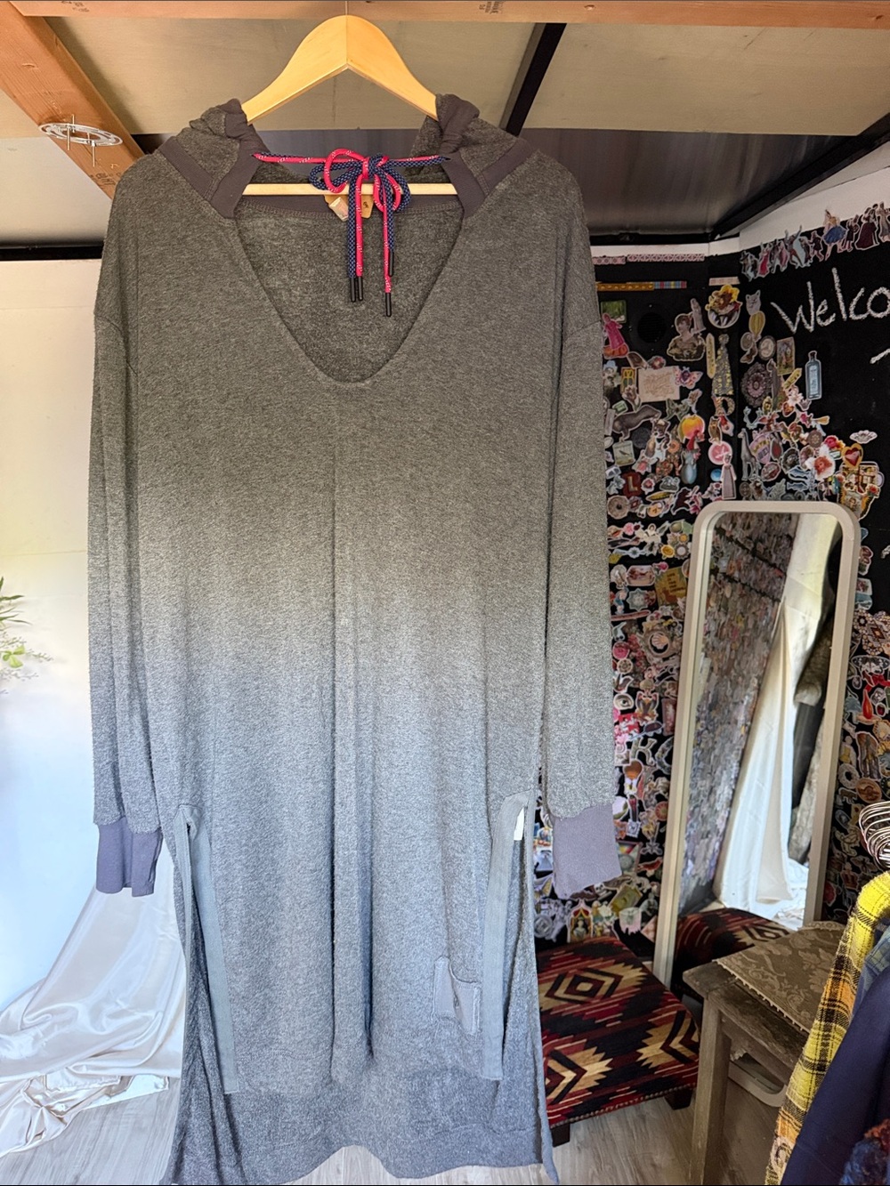 FP Movement by Free People Gray Hooded Longline Tunic with Pink Drawcord